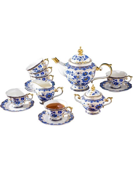 Bone China Tea Set for 6, Blue and White Tea Set for Adults, Vintage Floral Tea Sets for Women Tea Party or Gift Giving