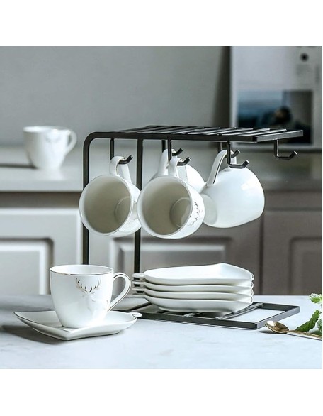 Coffee Cup Porcelain Espresso Cups with Saucers and Spoons 5.1 Oz Coffee Cup and Saucer Set Gold Rim Decoration and Black Metal Bracket Tea Set Set of 6 Coffee Mugs (Color : Gray) (White)