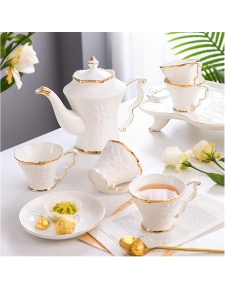 Tea Set Tea Cups Teapot Set 8pcs Ceramic Tea Set Cups And Coffee Tray Gold Trim European Style Afternoon Tea Drinkware Coffee Set Coffee Tea Service Tea Cup Set Tea Pot Set Coffee Cup Set