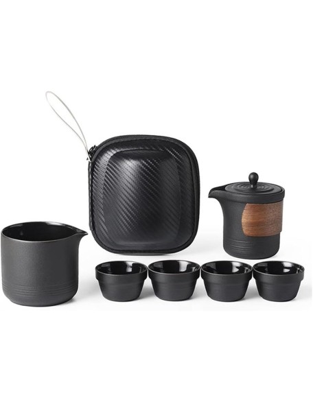 Ceramic Small Kungfu Teapot, Mini Portable Tea Set Porcelain Chinese Gongfu Tea Set Portable Teapot Set for Travel Home Outdoor and Office (Color : Black)