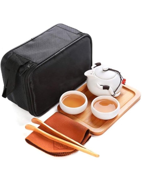 Chinese Kung Fu Tea Set Home Office Business Portable Travel Handmade Ceramic Teapot Teacups Bamboo Tea Tray Set