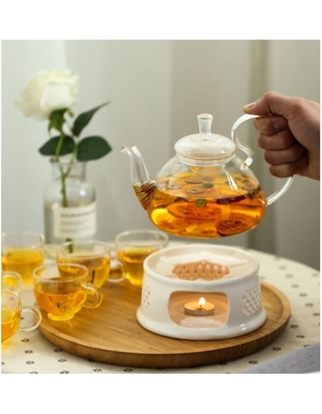 Tea Set Tea Cups Teapot Set 810ml Glass Tea Set with Wooden Round Tray Teapot Ceramic Base Warm Candle Holder Tea Pot Cup Fruit Juice Water Kettle Tea Cup Set Tea Pot Set Coffee Cup Set (A 8pcs)