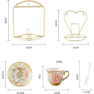 Tea Cup Set Porcelain Tea Cup Set Bone China Cofeee Cups Set with Saucers Spoon and Metal Stand Cappuccino Cups (A 6 pcs) (Gold 4 pcs)