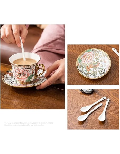 Tea Cup Set Porcelain Tea Cup Set Bone China Cofeee Cups Set with Saucers Spoon and Metal Stand Cappuccino Cups (A 6 pcs) (Gold 4 pcs)