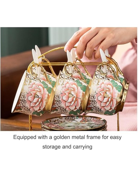 Tea Cup Set Porcelain Tea Cup Set Bone China Cofeee Cups Set with Saucers Spoon and Metal Stand Cappuccino Cups (A 6 pcs) (Gold 4 pcs)