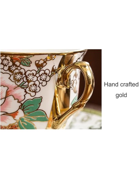 Tea Cup Set Porcelain Tea Cup Set Bone China Cofeee Cups Set with Saucers Spoon and Metal Stand Cappuccino Cups (A 6 pcs) (Gold 4 pcs)