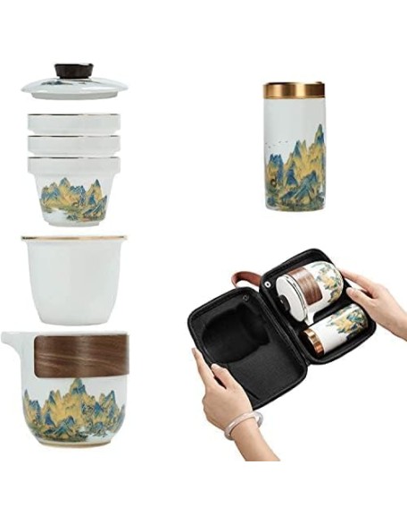 Tea Set, Ceramic Tea Set, Travel Tea Set, Portable Chinese Tea Set, Teapot 3 Teacups Tea Canister for Outdoor Picnic Camping Business Hotel
