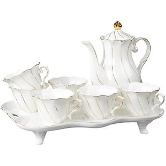 Tea Set Coffee Cup Set Tea Cup Set 8 Pieces Tea Set Gold Trim Glazed Porcelain Coffee and Tea Service Set