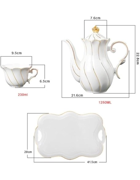 Tea Set Coffee Cup Set Tea Cup Set 8 Pieces Tea Set Gold Trim Glazed Porcelain Coffee and Tea Service Set