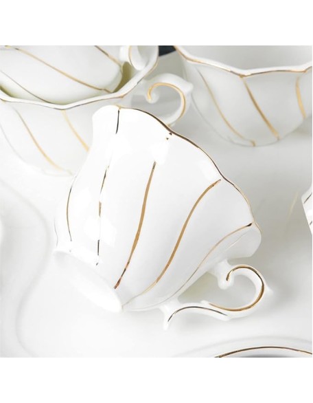 Tea Set Coffee Cup Set Tea Cup Set 8 Pieces Tea Set Gold Trim Glazed Porcelain Coffee and Tea Service Set