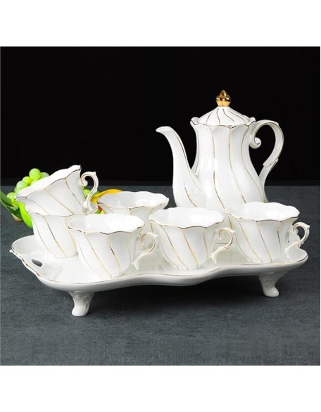 Tea Set Coffee Cup Set Tea Cup Set 8 Pieces Tea Set Gold Trim Glazed Porcelain Coffee and Tea Service Set