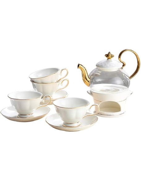 Tea Coffee Cup Set European Style Luxurious Gold Trim Ceramic Tea Cup Set Including 6 Pcs (White Set of 13)