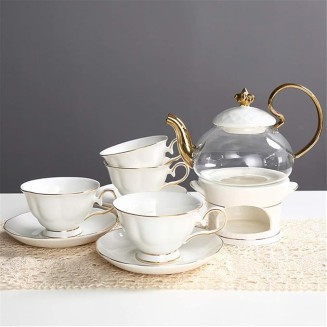Tea Coffee Cup Set European Style Luxurious Gold Trim Ceramic Tea Cup Set Including 6 Pcs (White Set of 13)