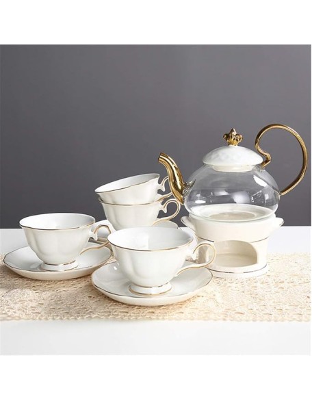 Tea Coffee Cup Set European Style Luxurious Gold Trim Ceramic Tea Cup Set Including 6 Pcs (White Set of 13)