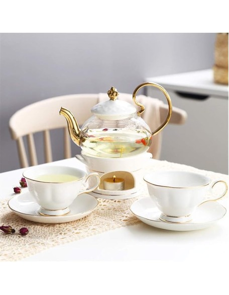 Tea Coffee Cup Set European Style Luxurious Gold Trim Ceramic Tea Cup Set Including 6 Pcs (White Set of 13)