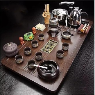 Chinese Kung Fu Tea Set,Home Automatic Teapot,Gongfu Tea Set,Tea Ceremony,Tea Cup,Electric Stove,Tea Table,Solid Wood Tea Tray,Ceramic Tea Set(Style-2)