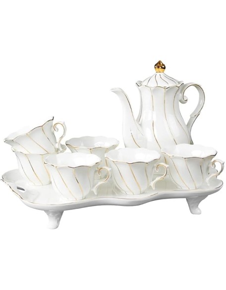 Tea Set Coffee Cup Set Tea Cup Set 8 Pieces Tea Set Gold Trim Glazed Porcelain Coffee and Tea Service Set (White 8pcs)