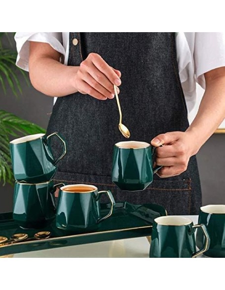 Ceramic Coffee Tea Set Nordic Drawing Gold Green Coffee Pot Cup Milk Jug Sugar Bowl Tray Set Home Afternoon Tea Set (Color : Pink) (Pink)