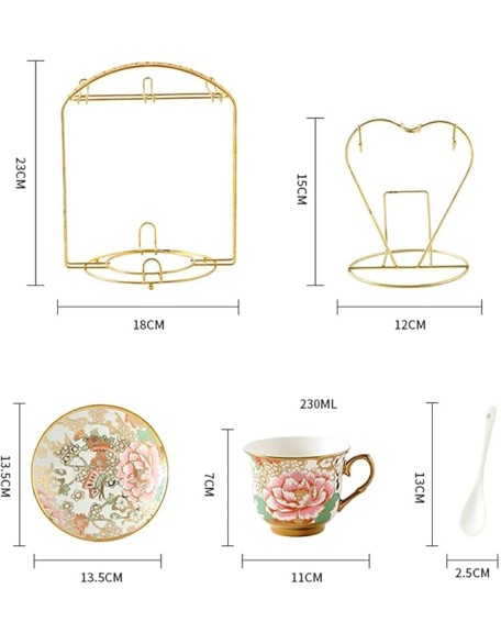 Tea Cup Set Porcelain Tea Cup Set Bone China Cofeee Cups Set with Saucers Spoon and Metal Stand Cups