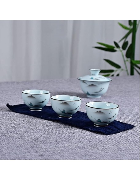 Porcelain Tea Set, Chinese Tea Set with 3 Tea Cups, Ceramic Tea Set with 1 Teapot, 2 Tea Cups and 1 Portable Bag