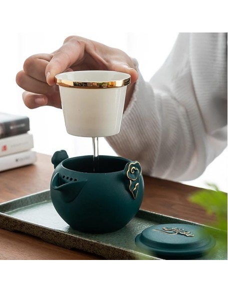 Portable Travel Kungfu Tea Set, Ceramic Tea Cup Set, Traditional Chinese Tea Pot Style - with Teacups Travel Bag, for Travel, Home,Outdoor and Office (B) (A)