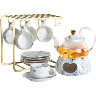 Tea Set, Teacup Set Nordic Luxury Ceramic Tea Set Afternoon Tea Set Porcelain Candle Heating Glass Teapot Cups Saucer Cup Holder Kit Tea Service