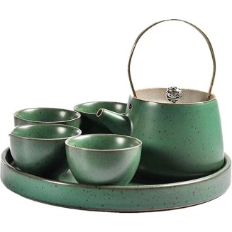 Tea Set Coffee Cup Set Tea Cup Set Japanese Style Ceramic Tea Set Teapot with Tray Handle and Tea Cups Set Service (Green 6pcs)