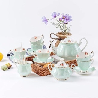 15 Pieces Porcelain Tea Service British Royal Coffee Cups B1China Cups and Saucers Set of 6 with Gold Decoration and Box Anniversary Birthday
