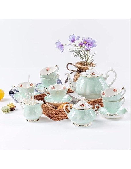 15 Pieces Porcelain Tea Service British Royal Coffee Cups B1China Cups and Saucers Set of 6 with Gold Decoration and Box Anniversary Birthday