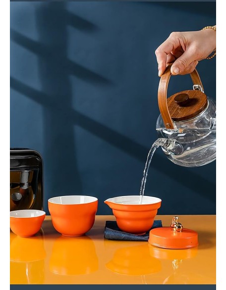 Tea SetChinese Kung Fu Tea Sets Chinese Panda Travel Tea Set Portable Tea Set Japanese Tea Set Portable Tea Cup Portable Bag Ceramic Tea Set for Women,Orange