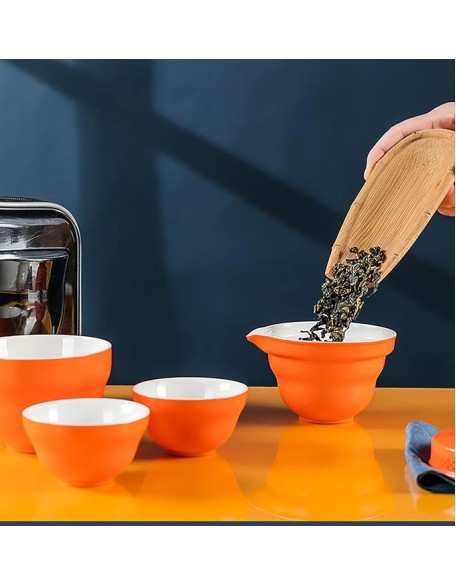 Tea SetChinese Kung Fu Tea Sets Chinese Panda Travel Tea Set Portable Tea Set Japanese Tea Set Portable Tea Cup Portable Bag Ceramic Tea Set for Women,Orange