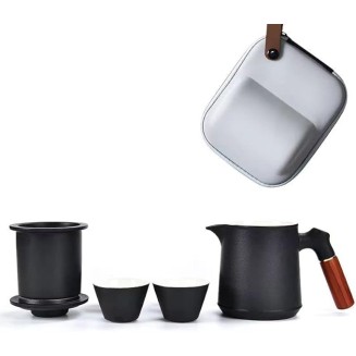 Tea Set, Portable Ceramic Tea Cup Set, Travel Kung Fu Tea Set, Ceramic Teapot Set with Solid Wood Handle, Tea Strainer, Lid and 2 Tea Cups