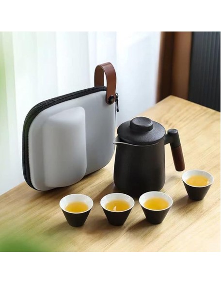 Tea Set, Portable Ceramic Tea Cup Set, Travel Kung Fu Tea Set, Ceramic Teapot Set with Solid Wood Handle, Tea Strainer, Lid and 2 Tea Cups