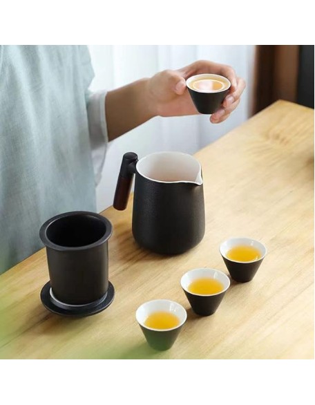 Tea Set, Portable Ceramic Tea Cup Set, Travel Kung Fu Tea Set, Ceramic Teapot Set with Solid Wood Handle, Tea Strainer, Lid and 2 Tea Cups