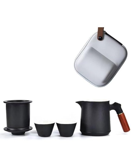 Tea Set, Portable Ceramic Tea Cup Set, Travel Kung Fu Tea Set, Ceramic Teapot Set with Solid Wood Handle, Tea Strainer, Lid and 2 Cups