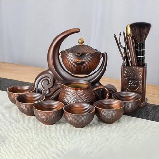 Gongfu Tea Set Chinese Retro Ceramic Semi-Automatic Tea Set Lazy Tea Set Semi-Automatic Tea Set Kung Fu Teacup Brown Tea Pot Set