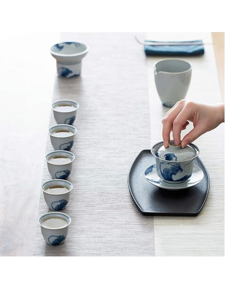 Gongfu Tea Set Ceramic Kungfu Tea Sets of 9 Pcs Including Public Teacup Chinese Tureen 6 Small Tea Cup and Tea Strainer Gift Package