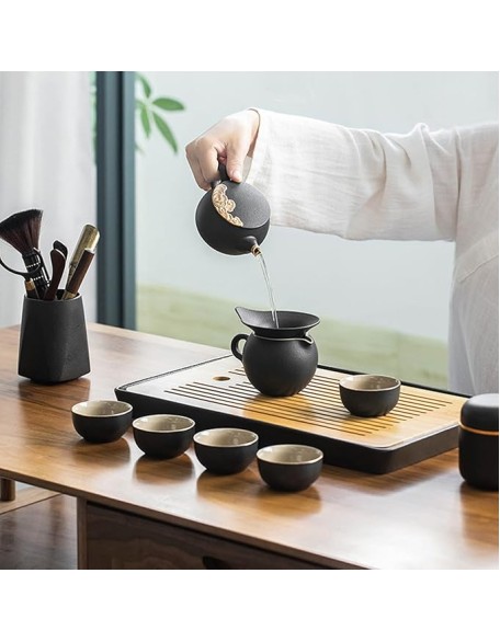 Chinese Ceramic Kung Fu Tea Set, Traditonal Chinese Tea Pot Style - Tea Ceremony, Tea Cup, Wood Tea Tray, Ceramic Tea Set, for Travel, Home,Outdoor and Office