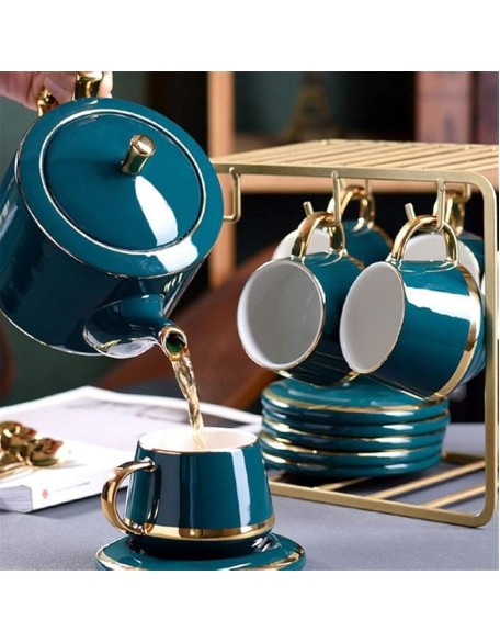 Tea Sets for Adults 13 Pieces Gold Trim Nordic Style Afternoon Tea Drinkware Coffee Set for Party and Dinner Glazed Porcelain Coffee and Tea Service with 6 Piece Cups and Bracket F