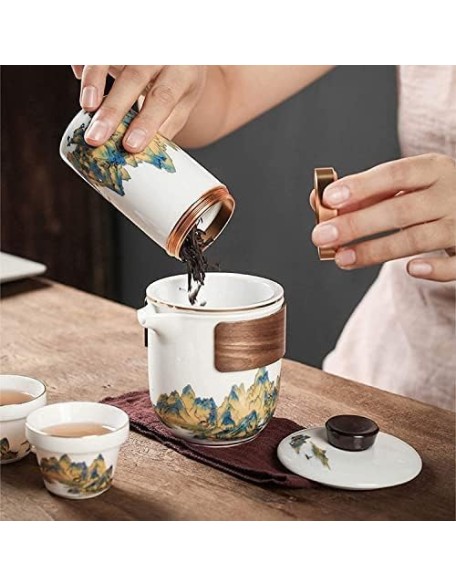 Tea Set, Ceramic Tea Set, Travel Tea Set, Portable Chinese Tea Set, Teapot 3 Teacups Tea Canister for Outdoor Picnic Camping Business Hotel,