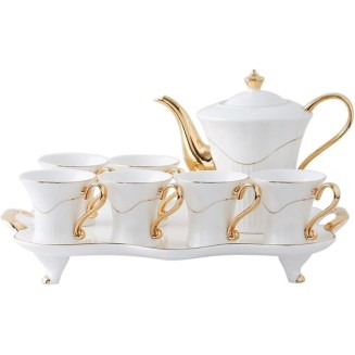 Tea Set Coffee Cup Set Tea Cup Set 8 Pieces Tea Set Gold Trim Style for Party Dinner Glazed Porcelain Coffee Tea Service
