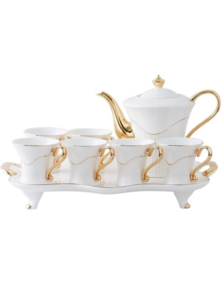 Tea Set Coffee Cup Set Tea Cup Set 8 Pieces Tea Set Gold Trim Style for Party Dinner Glazed Porcelain Coffee Tea Service