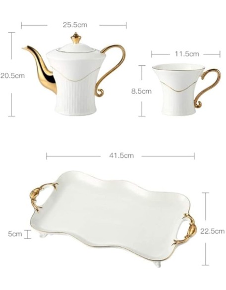 Tea Set Coffee Cup Set Tea Cup Set 8 Pieces Tea Set Gold Trim Style for Party Dinner Glazed Porcelain Coffee Tea Service