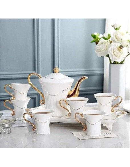Tea Set Coffee Cup Set Tea Cup Set 8 Pieces Tea Set Gold Trim Style for Party Dinner Glazed Porcelain Coffee Tea Service