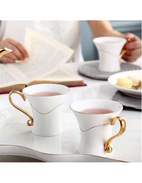 Tea Set Coffee Cup Set Tea Cup Set 8 Pieces Tea Set Gold Trim Style for Party Dinner Glazed Porcelain Coffee Tea Service