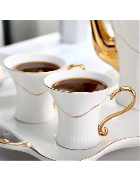 Tea Set Coffee Cup Set Tea Cup Set 8 Pieces Tea Set Gold Trim Style for Party Dinner Glazed Porcelain Coffee Tea Service