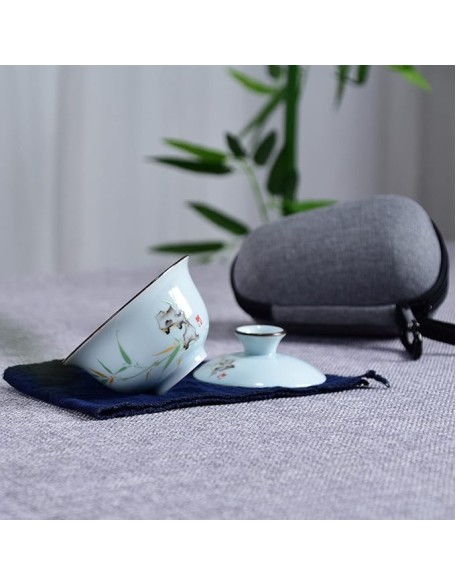 Chinese Tea Set with 3 Tea Cups Ceramic Tea Set with 1 Teapot, 2 Tea Cups and 1 Portable Tea Cloth Bag