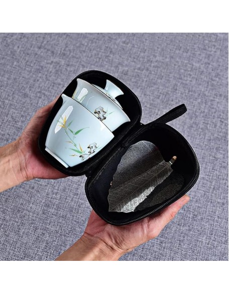 Chinese Tea Set with 3 Tea Cups Ceramic Tea Set with 1 Teapot, 2 Tea Cups and 1 Portable Tea Cloth Bag