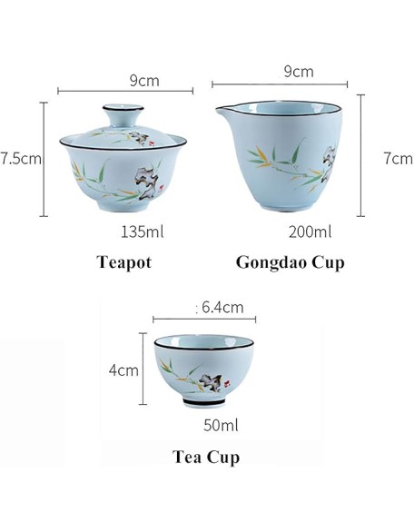 Chinese Tea Set with 3 Tea Cups Ceramic Tea Set with 1 Teapot, 2 Tea Cups and 1 Portable Tea Cloth Bag