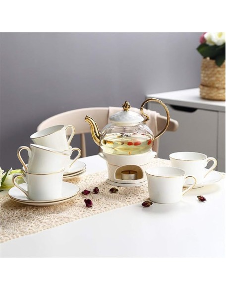Tea Set Simple Luxurious European Style Gold Trim Ceramic Tea Cup Set Including 6 Pcs Tea Cup and Saucer Ceramic Tea Sets,